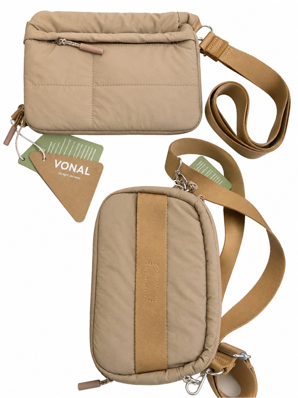 Vonal Lightweight Puffer Crossbody Bag NWT Adjustable Strap Neutral Beige/Taupe